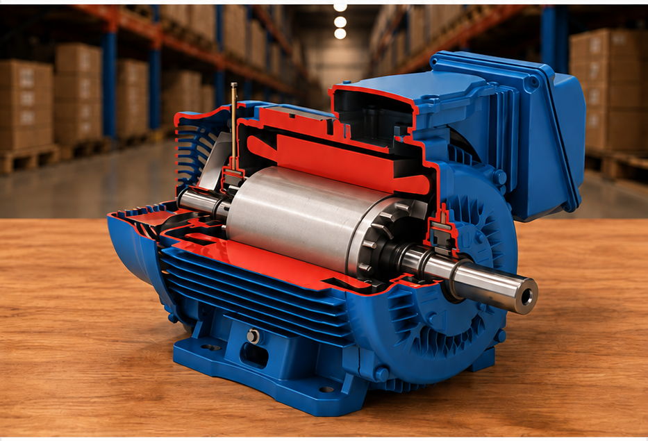 Motor elétrico WEG W22 em corte, mostrando rotor e enrolamento